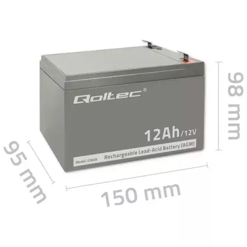 Akumuliatorius UPS QOLTEC 53049, VRLA AGM 12 V 12 Ah, pilka, 150×98×95 mm
