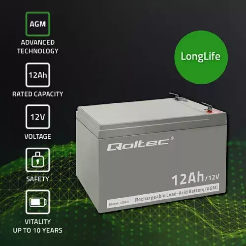 Akumuliatorius UPS QOLTEC 53049, VRLA AGM 12 V 12 Ah, pilka, 150×98×95 mm