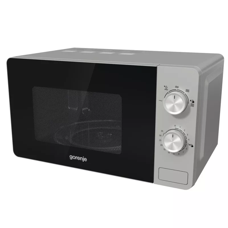 Mikrobangų krosnelė Gorenje MO20E1S — 20 L, 800 W, sukamoji rankenėlė, 270 mm padėklas, nerūdijantis plienas/juoda