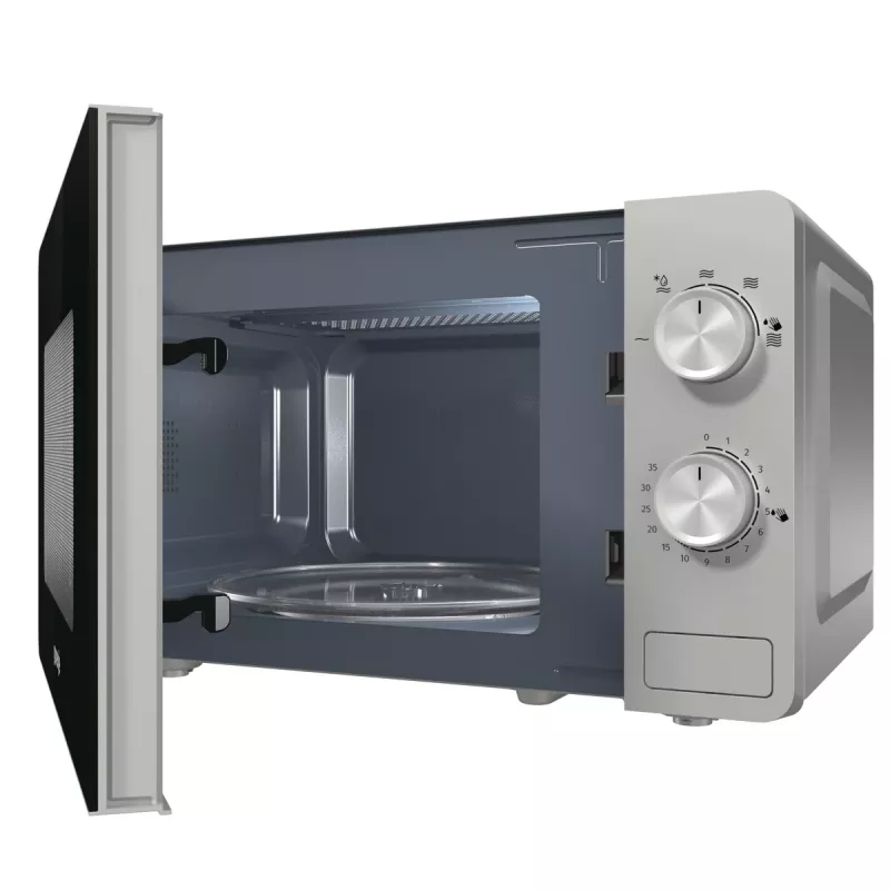 Mikrobangų krosnelė Gorenje MO20E1S — 20 L, 800 W, sukamoji rankenėlė, 270 mm padėklas, nerūdijantis plienas/juoda