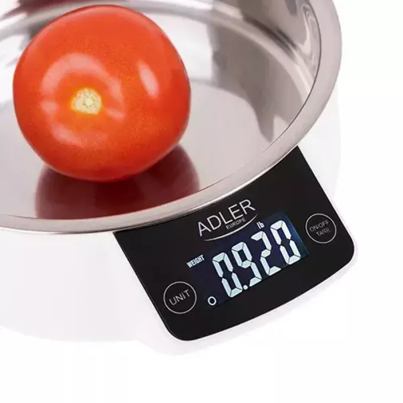 Virtuvinės svarstyklės Adler AD 3166 – 5 kg, 1 g tikslumas, nerūdijančio plieno dubuo 0,9 l, LCD, laikmatis