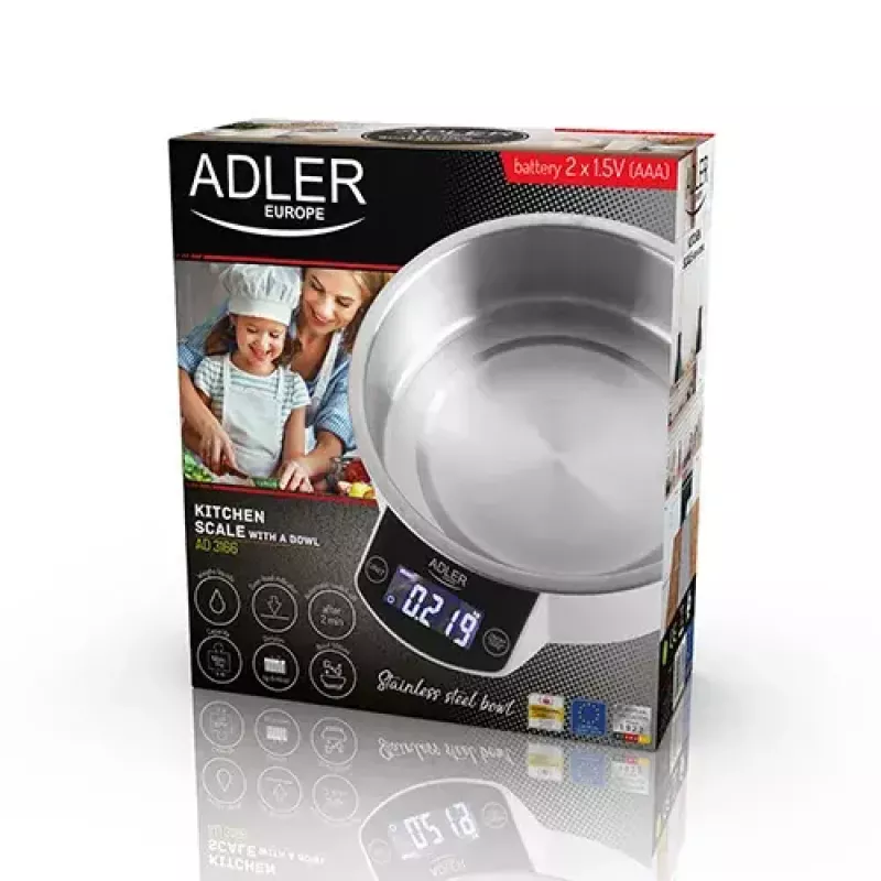 Virtuvinės svarstyklės Adler AD 3166 – 5 kg, 1 g tikslumas, nerūdijančio plieno dubuo 0,9 l, LCD, laikmatis