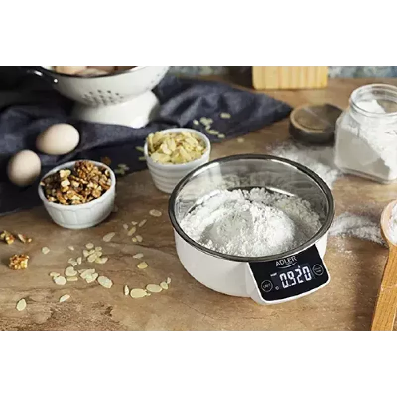 Virtuvinės svarstyklės Adler AD 3166 – 5 kg, 1 g tikslumas, nerūdijančio plieno dubuo 0,9 l, LCD, laikmatis