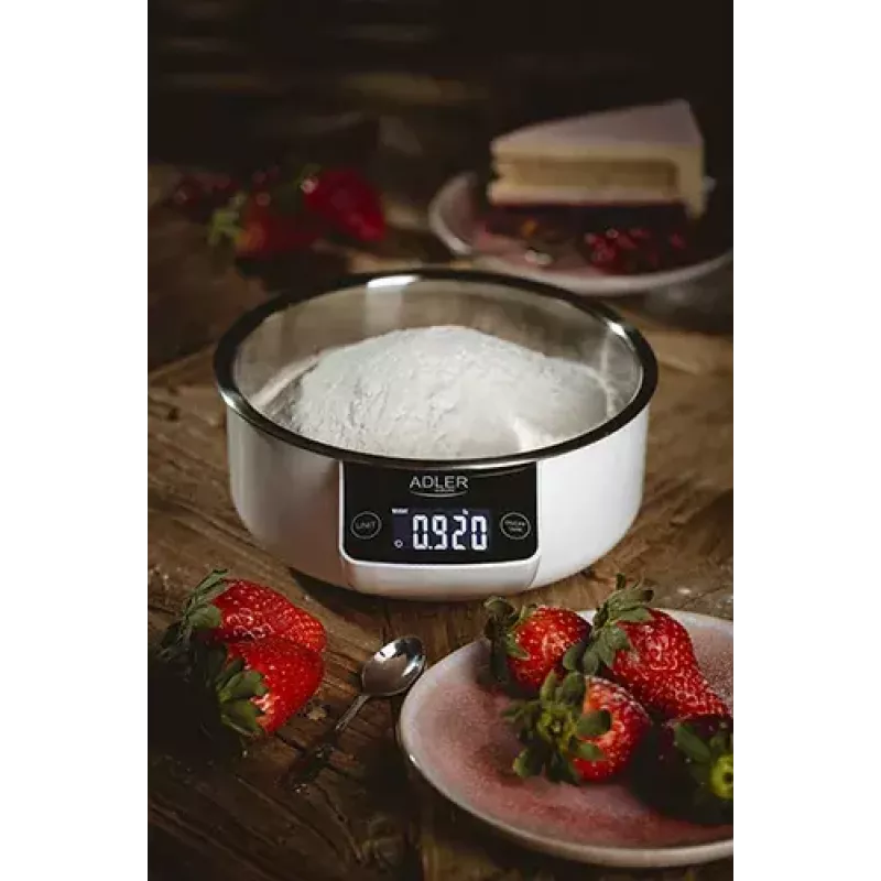 Virtuvinės svarstyklės Adler AD 3166 – 5 kg, 1 g tikslumas, nerūdijančio plieno dubuo 0,9 l, LCD, laikmatis