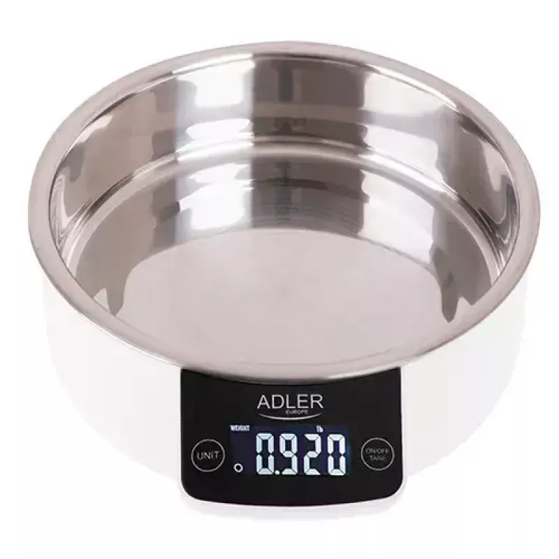 Virtuvinės svarstyklės Adler AD 3166 – 5 kg, 1 g tikslumas, nerūdijančio plieno dubuo 0,9 l, LCD, laikmatis