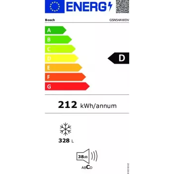 Šaldiklis vertikalus Bosch Serie 6 GSN54AWDV — 328 L net, NoFrost, FastFreeze, LED ekranas, Baltas
