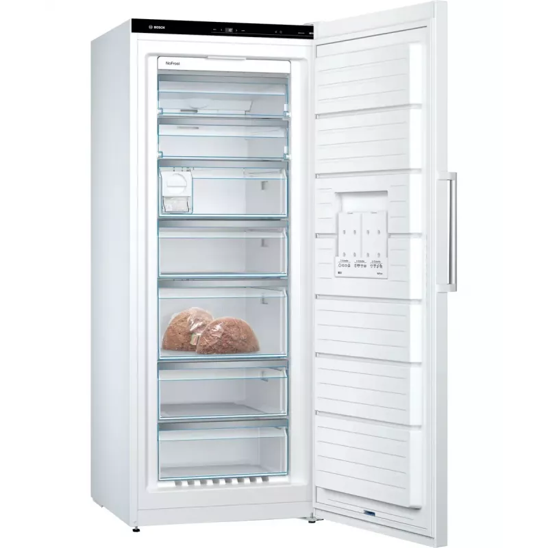 Šaldiklis vertikalus Bosch Serie 6 GSN54AWDV — 328 L net, NoFrost, FastFreeze, LED ekranas, Baltas
