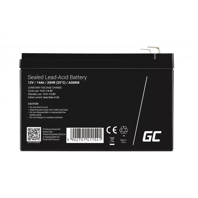 Įkraunama AGM švino rūgšties baterija Green Cell AGM08 12 V 14000 mAh, 98×151×95 mm, 3,45 kg