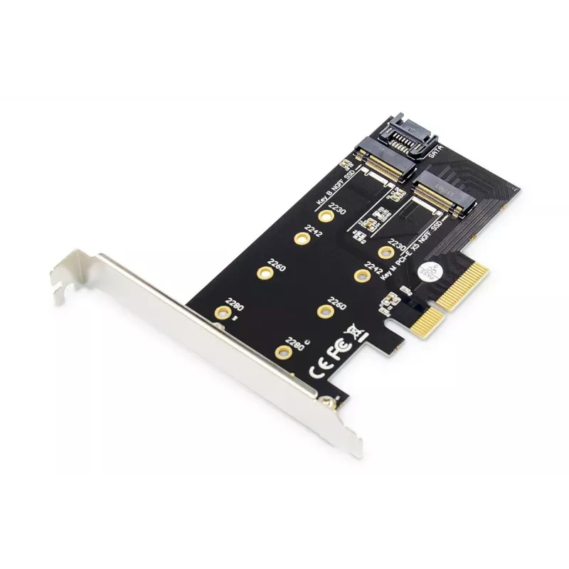 DIGITUS M.2 NGFF/NVMe SSD PCI-E papildinio kortelė, palaiko B, M ir B+M raktą, dydžiai 80, 60, 42 ir 30 mm