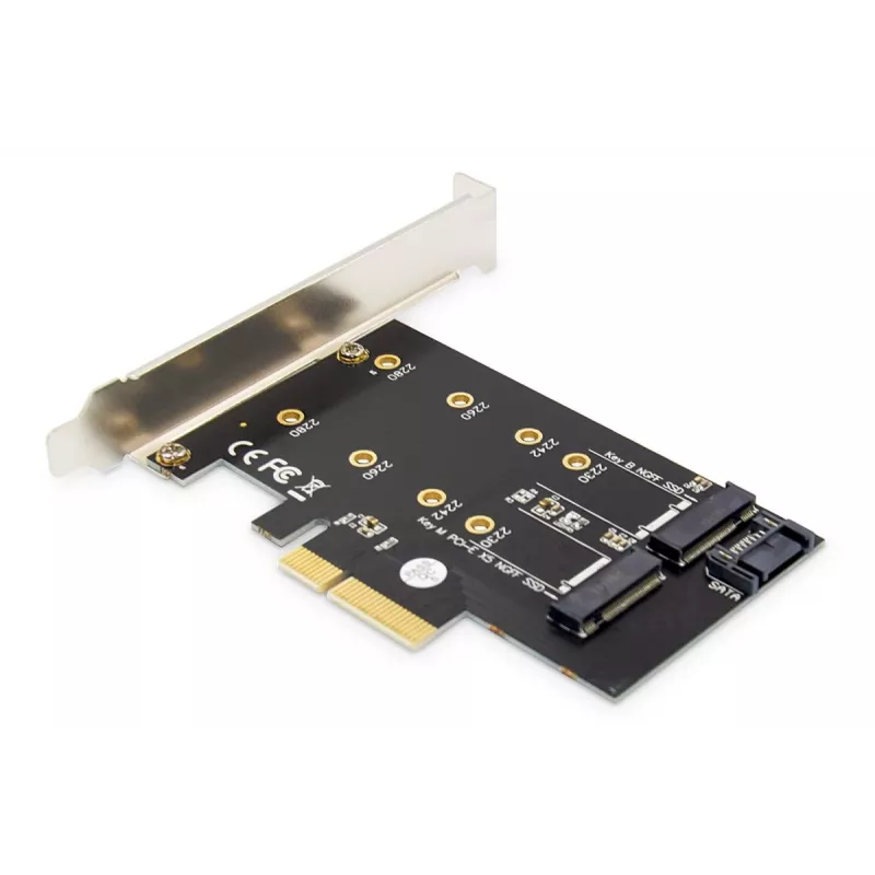 DIGITUS M.2 NGFF/NVMe SSD PCI-E papildinio kortelė, palaiko B, M ir B+M raktą, dydžiai 80, 60, 42 ir 30 mm