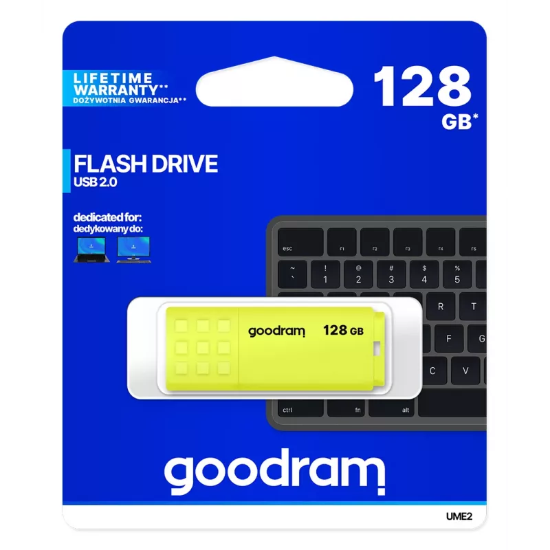 USB atmintukas GOODRAM UME2 128 GB USB 2.0 Type-A, geltonas, 21×51 mm