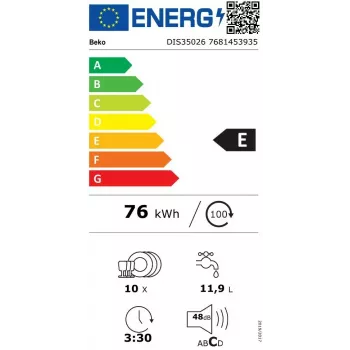 Indaplovė Beko DIS35026 siaura 45 cm, 10 komplektų, 48 dB, 5 programų, E energijos klasė