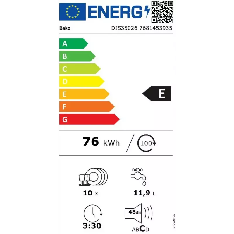 Indaplovė Beko DIS35026 siaura 45 cm, 10 komplektų, 48 dB, 5 programų, E energijos klasė