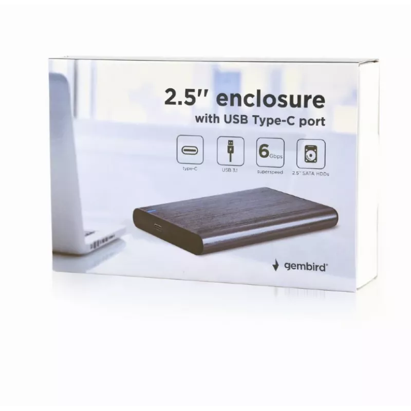 Gembird EE2-U3S-6-GR išorinis USB 3.1 dėklas 2.5 inch SATA HDD/SSD su USB-C prievadu, šlifuotas aliuminis - pilka