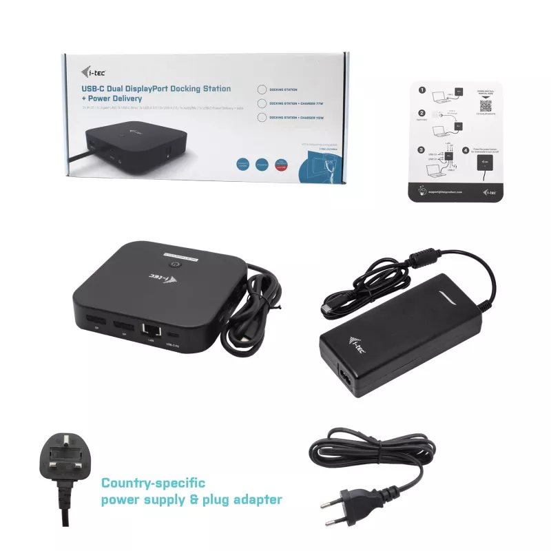 i-tec USB-C dviejų monitorių dokų stotelė su 100 W įkrovimu ir universalus 100 W adapteris