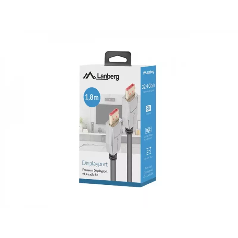 DisplayPort kabelis LANBERG CA-DPDP-20CU-0018-BK 1,8 m DisplayPort 1.4 32,4 Gbit/s HDR auksu dengtas