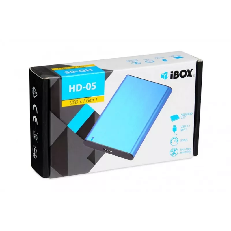 Išorinis HDD/SSD dėklas iBOX HD-05 — 2,5 colio SATA III, USB 3.2 Gen 1 (Micro-USB B), iki 10 TB, mėlynas
