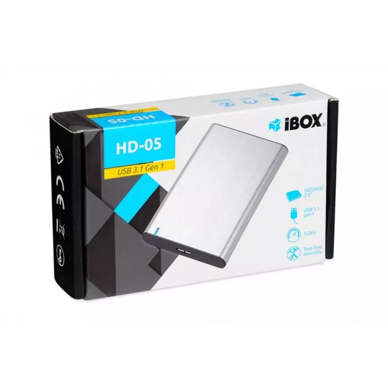 Išorinis dėklas kietajam diskui / SSD IBOX HD-05 — 2,5 colio SATA III, USB 3.2 Gen 1 (5 Gbit/s), Micro-USB B, iki 10 TB, pilka