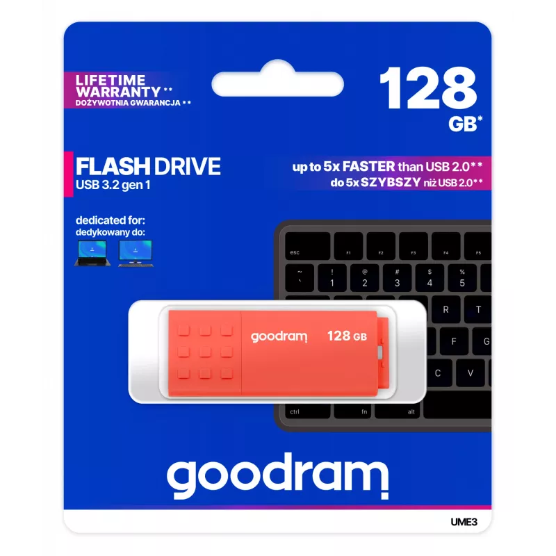USB atmintukas GOODRAM UME3 128 GB USB Type-A 3.2 Gen 1, oranžinis, su dangteliu, 60/20 MB/s