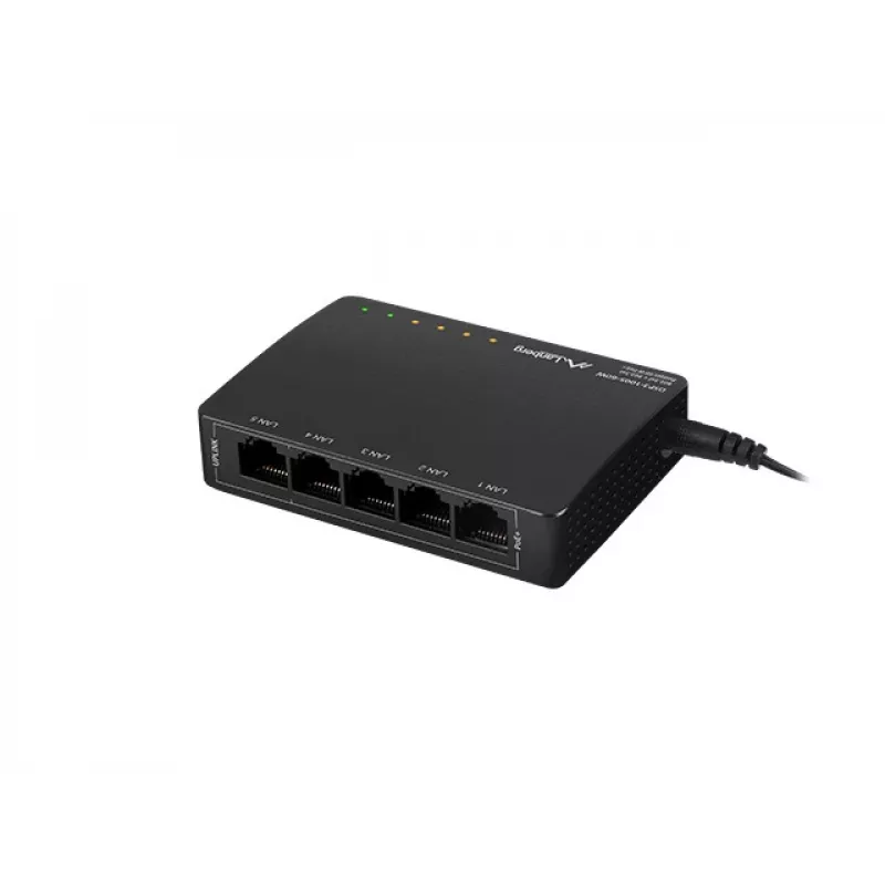 Nevaldomas tinklo jungiklis LANBERG DSP3-1005-60W, 5x Gigabit RJ-45, 4x PoE+ (60 W bendra galia), 10 Gbit/s perjungimas