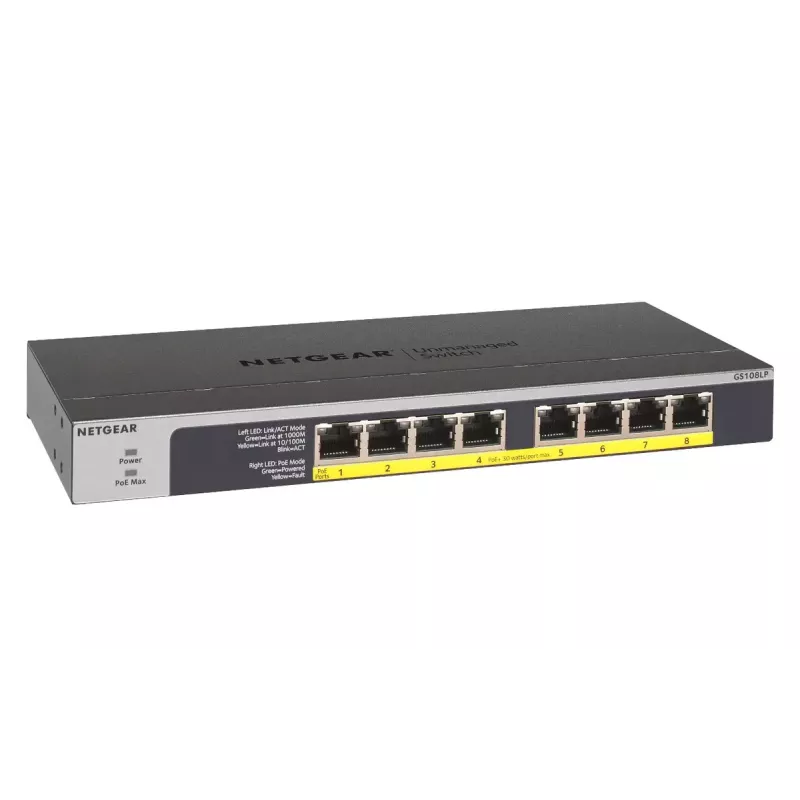 NETGEAR GS108LP nevaldomas Gigabit Ethernet (10/100/1000) jungiklis su PoE, 1U, juodas/pilka
