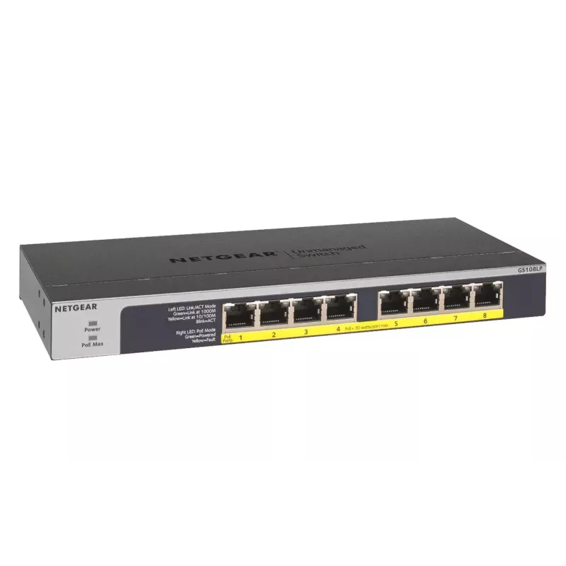 NETGEAR GS108LP nevaldomas Gigabit Ethernet (10/100/1000) jungiklis su PoE, 1U, juodas/pilka