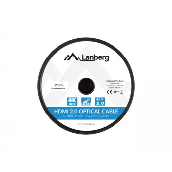 HDMI kabelis LANBERG CA-HDMI-20FB-0200-BK 20 m, HDMI 2.0, Type A kištukas–kištukas, 18 Gbit/s, 4K@60Hz (3840×2160), HDR, ARC, Ethernet