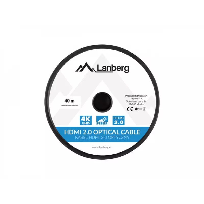 HDMI laidas LANBERG CA-HDMI-20FB-0400-BK — 40 m, HDMI 2.0 Type A kištukas–kištukas, 18 Gbit/s, 4K@144Hz, HDR, ARC, Ethernet
