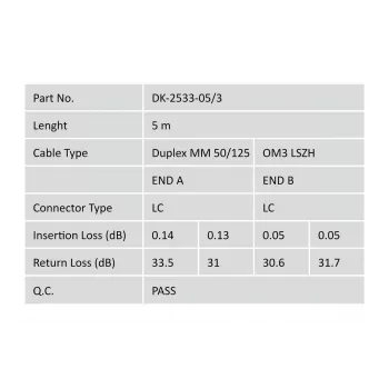 DIGITUS Fiber Optic Patch Cord, LC į LC, daugiamodis 50/125 µ, dubleksas, 5 m, OM3