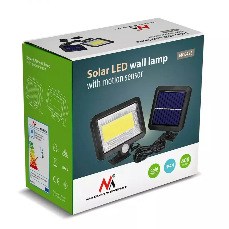 LED lauko saulės prožektorius MACLEAN MCE438, 5W, 400 lm, IP44, Li-Ion 5,2V, sieninis, balta šviesa, juodas