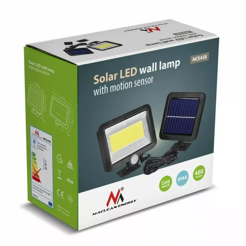 LED lauko saulės prožektorius MACLEAN MCE438, 5W, 400 lm, IP44, Li-Ion 5,2V, sieninis, balta šviesa, juodas