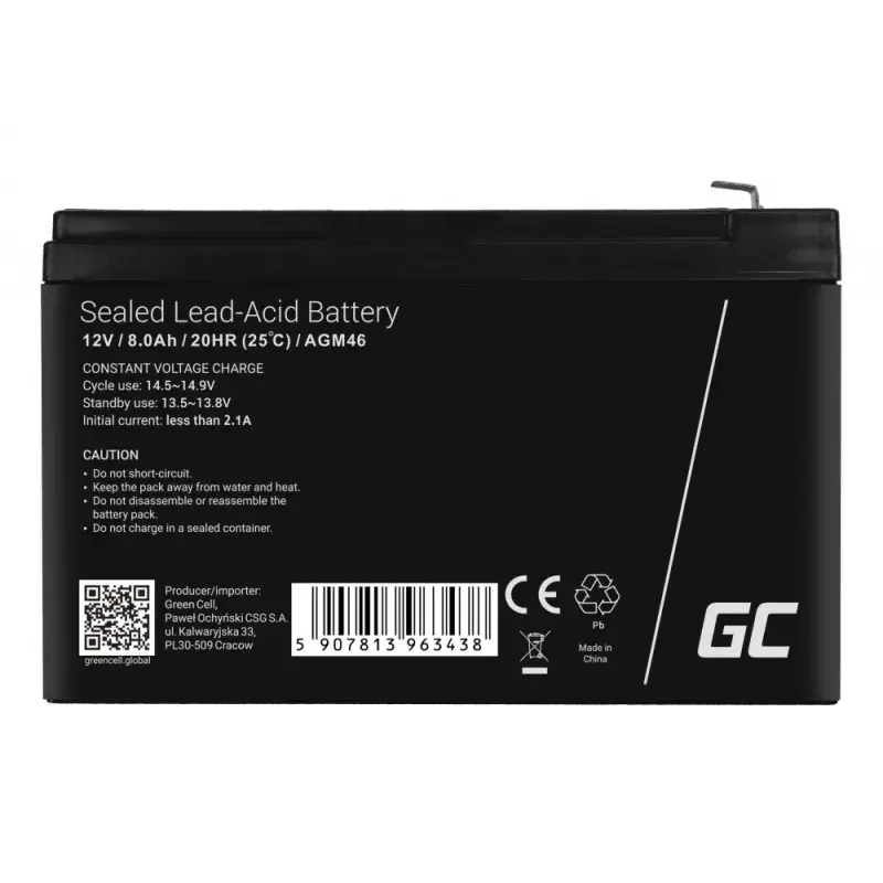 Įkraunama 12V sandarioji švino rūgšties baterija Green Cell AGM46, 8000 mAh, 2,15 kg, VRLA