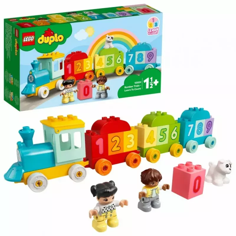 LEGO DUPLO skaičių traukinukas 10954 – ankstyvojo mokymosi traukinys su sunumeruotais vagonėliais skaičiavimui ir rūšiavimui