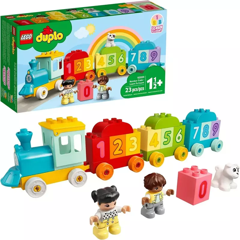 LEGO DUPLO skaičių traukinukas 10954 – ankstyvojo mokymosi traukinys su sunumeruotais vagonėliais skaičiavimui ir rūšiavimui
