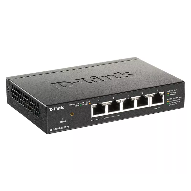 D-Link DGS-1100-05PDV2 5 prievadų Gigabit PoE valdomas komutatorius su 1 PD prievadu