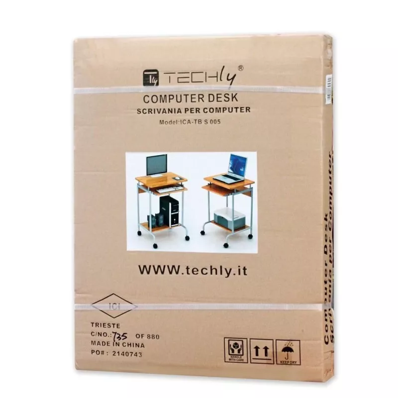 Stalas kompiuteriui TECHLY Compact ICA-TB S005 – kompaktiškas stalas, MDF stalviršis, ištraukiama lentyna klaviatūrai, ratukai, 600×450×750 mm, ąžuolinis