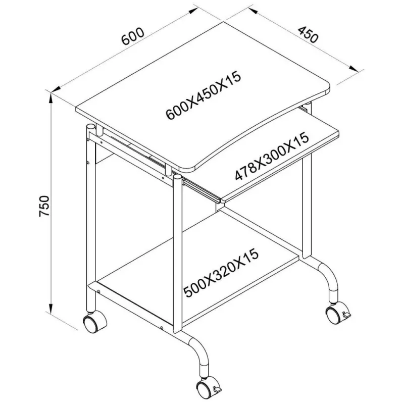 Stalas kompiuteriui TECHLY Compact ICA-TB S005 – kompaktiškas stalas, MDF stalviršis, ištraukiama lentyna klaviatūrai, ratukai, 600×450×750 mm, ąžuolinis