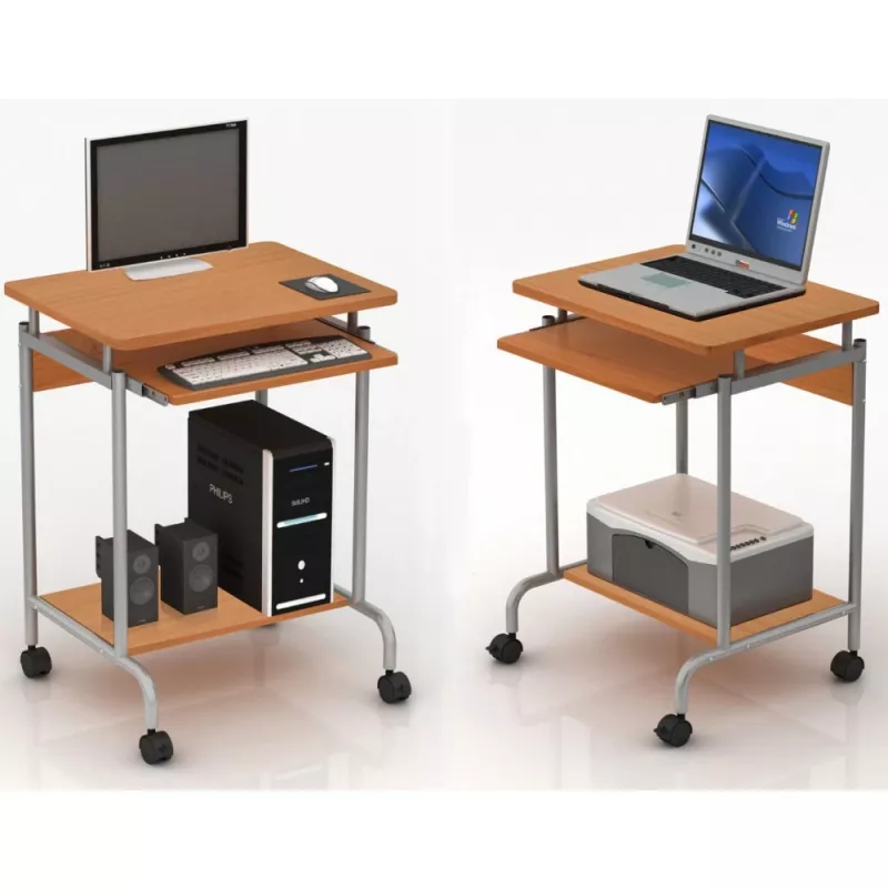 Stalas kompiuteriui TECHLY Compact ICA-TB S005 – kompaktiškas stalas, MDF stalviršis, ištraukiama lentyna klaviatūrai, ratukai, 600×450×750 mm, ąžuolinis
