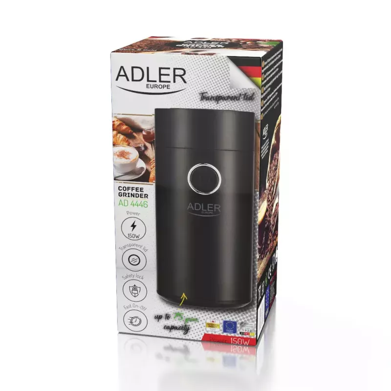 Kavos malūnėlis Adler AD4446BS – 150 W, nerūdijančio plieno girnos, 75 g pupelių talpa, juodas