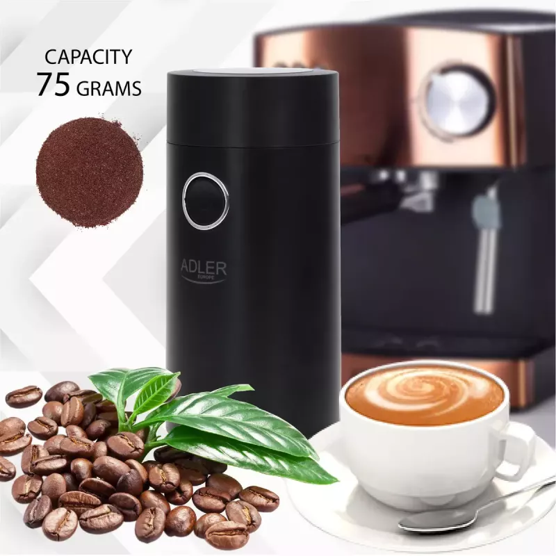 Kavos malūnėlis Adler AD4446BS – 150 W, nerūdijančio plieno girnos, 75 g pupelių talpa, juodas