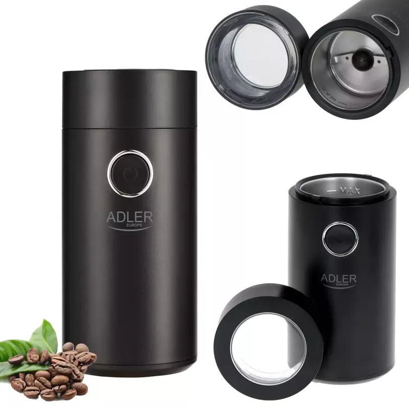 Kavos malūnėlis Adler AD4446BS – 150 W, nerūdijančio plieno girnos, 75 g pupelių talpa, juodas