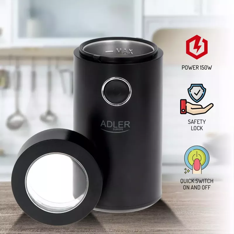 Kavos malūnėlis Adler AD4446BS – 150 W, nerūdijančio plieno girnos, 75 g pupelių talpa, juodas