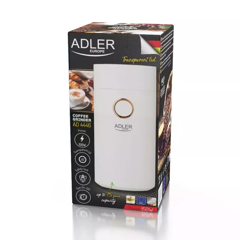 Kavamalė Adler AD4446WG – elektrinė maltuvė su nerūdijančio plieno girnomis, 75 g talpa, 150 W, balta