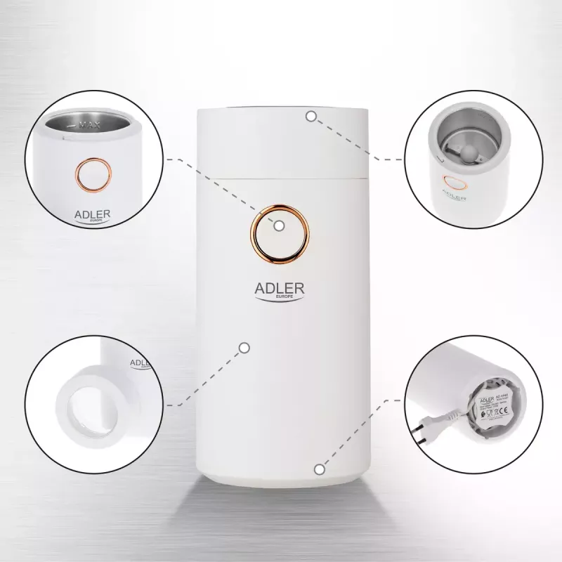Kavamalė Adler AD4446WG – elektrinė maltuvė su nerūdijančio plieno girnomis, 75 g talpa, 150 W, balta