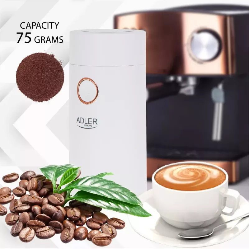 Kavamalė Adler AD4446WG – elektrinė maltuvė su nerūdijančio plieno girnomis, 75 g talpa, 150 W, balta