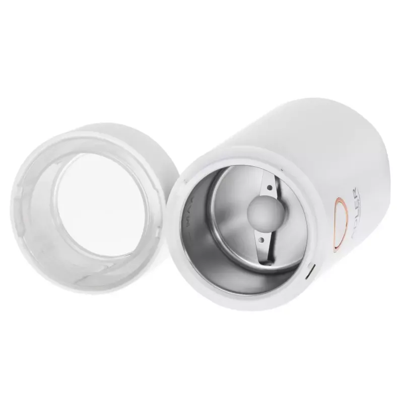 Kavamalė Adler AD4446WG – elektrinė maltuvė su nerūdijančio plieno girnomis, 75 g talpa, 150 W, balta