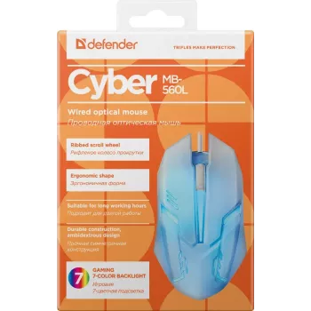Laidinis žaidimų pelė DEFENDER Cyber MB-560L – optinė 1200 DPI, ambidekstrinė, USB Type-A, balta, 1,5 m laidas
