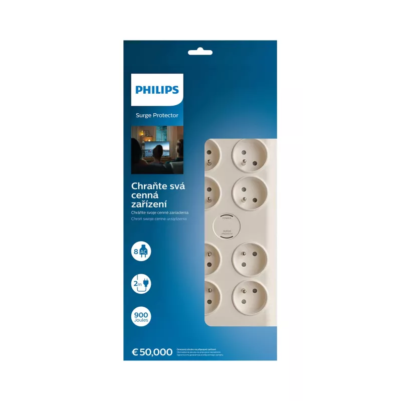Philips SPN7080WA/60 apsauginis filtras nuo viršįtampių, baltas, 8 kištukiniai lizdai, 2 m