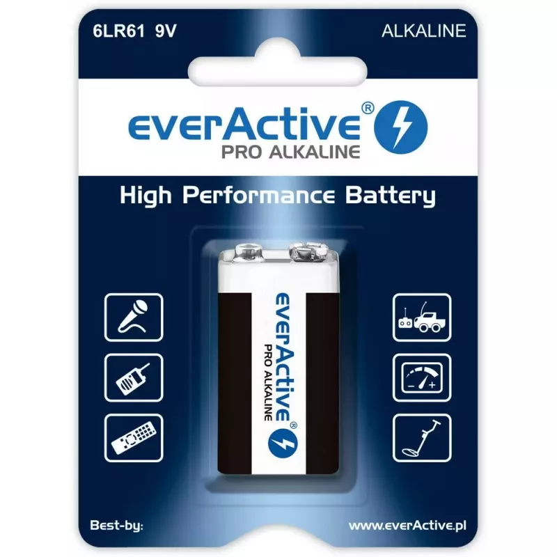 Šarminė baterija 9V everActive EV6LR61-PRO, 9 V, 650 mAh, 26,4×48,5×16 mm, 1 vnt.