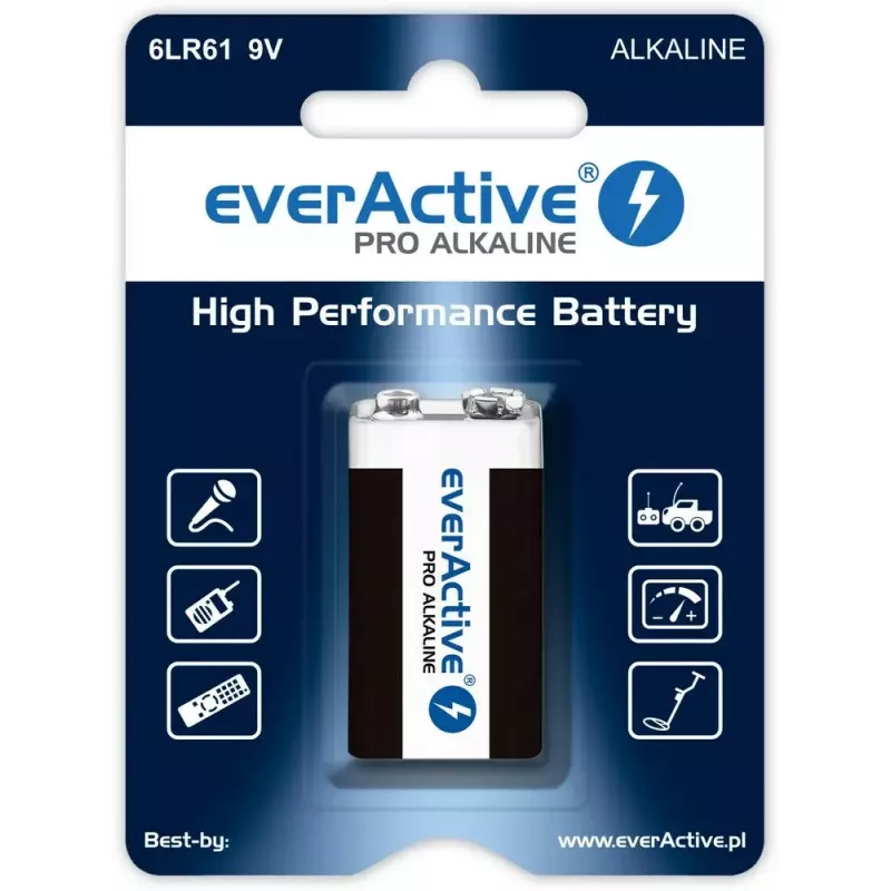 Šarminė baterija 9V everActive EV6LR61-PRO, 9 V, 650 mAh, 26,4×48,5×16 mm, 1 vnt.